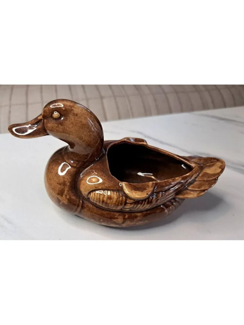 Vintage Hand-Painted Mid-Century Brown Ceramic Mallard Duck Planter 6
